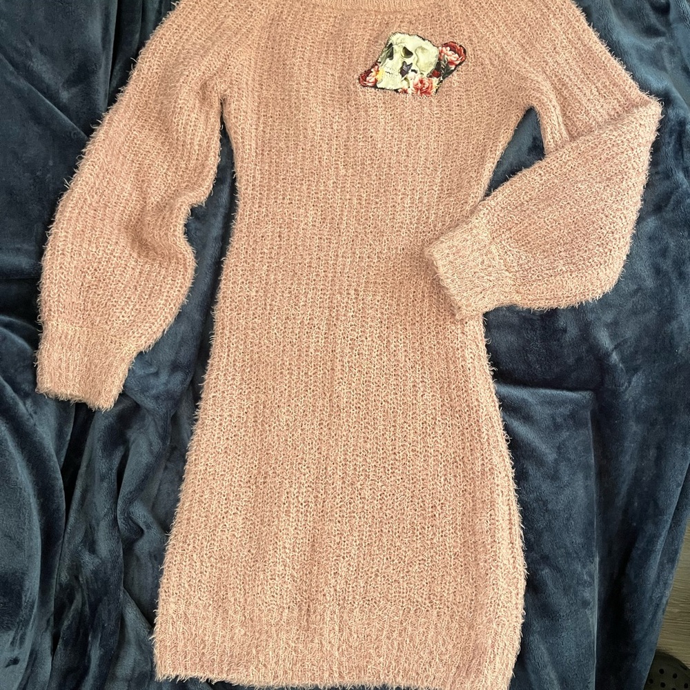 Pastel emo skull and flowers  Pink Knit Midi sweater Dress